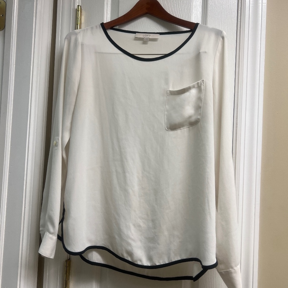 LOFT Sheer Classic Tuxedo Style Blouse | M MEDIUM Top white black